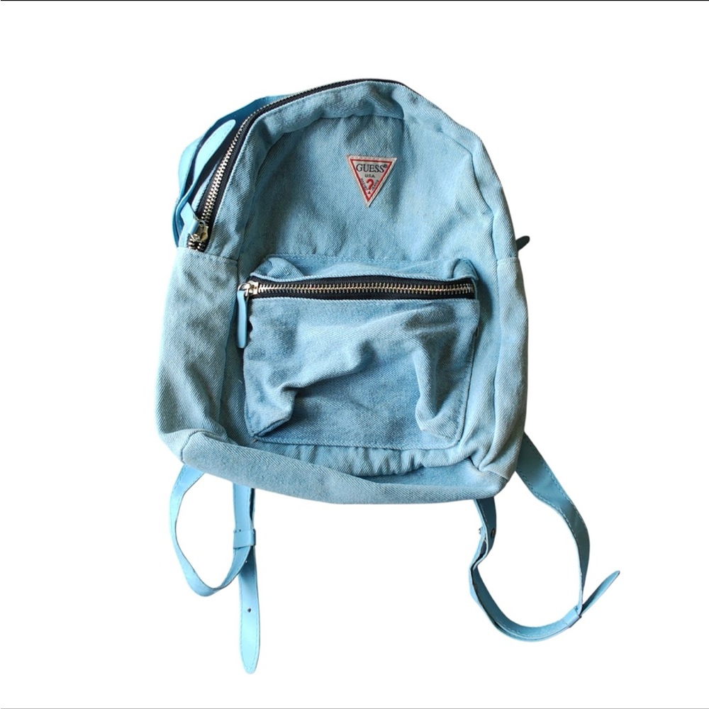 Guess Light Blue Canvas Mini Backpack with Silver Zippers